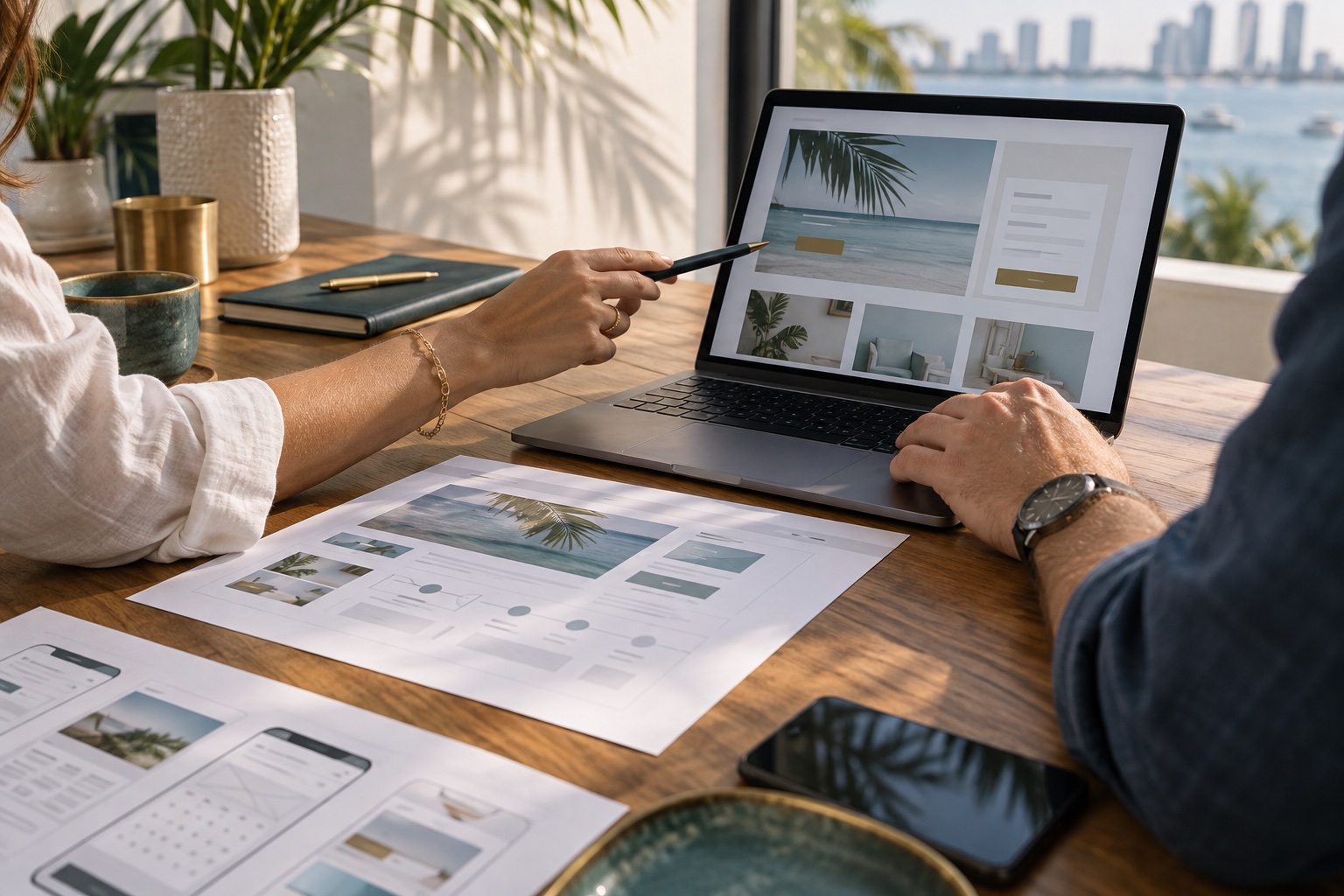 Website and appointment-flow designs being reviewed together at a South Florida worktable